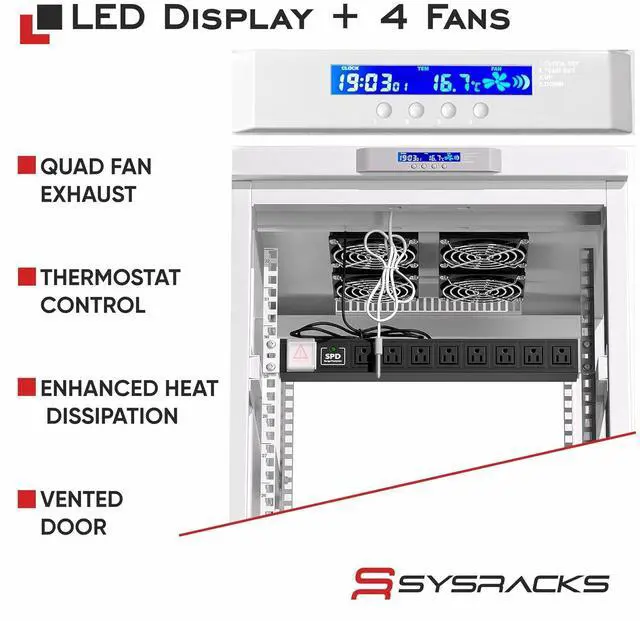 Alt view image 3 of 7 - 22U Server Rack Cabinet, 35" Deep, Glass Door, 19-Inch | Cooling fans, PDU, shelf, casters, leveling feet, cable entry brushes