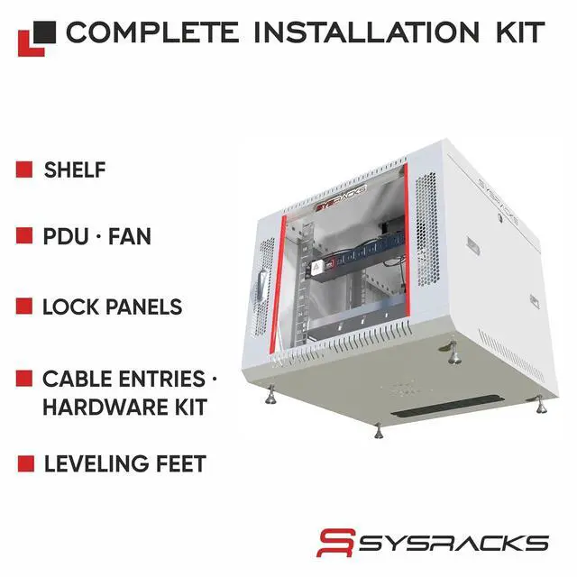 Alt view image 4 of 7 - 9U Wall Mount Server Rack Cabinet 24 Deep, 19 Network & AV Enclosure for Home Lab with Fan, PDU, 1 Shelf, Locking Glass Door