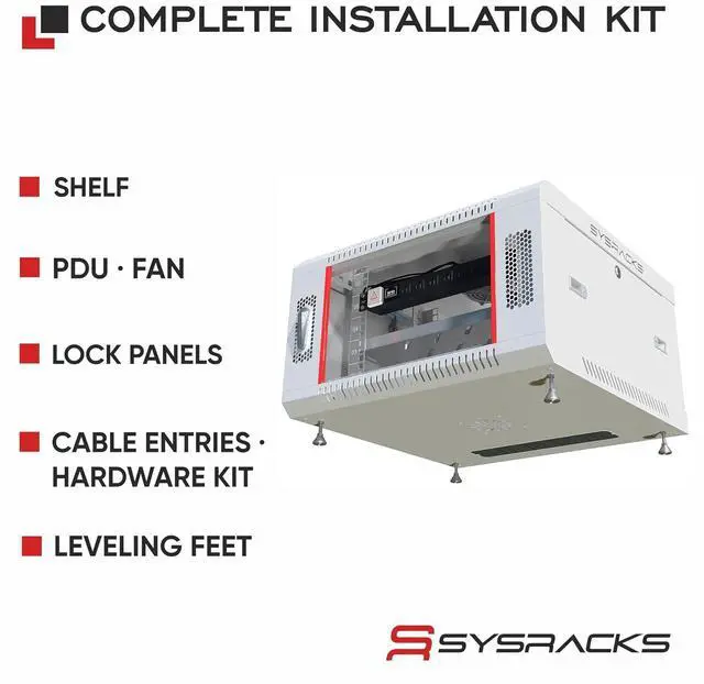 Alt view image 4 of 7 - 6U Wall Mount Server Rack Cabinet 24 Deep, 19 Network & AV Enclosure for Home Lab with Fan, PDU, 1 Shelf, Locking Glass Door