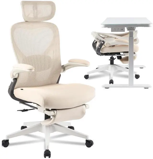 Main image of Foldex Ergonomic Office Chair, Folding Chair for Small Spaces with Lumbar Support, Flip-up Armrests, 3D Headrest, Desk Chairs with Footrest for Work,Video Game (Foam Seat, Cream)