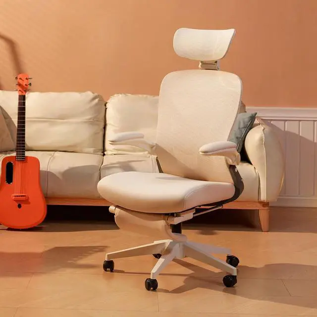 Alt view image 2 of 7 - Foldex Ergonomic Office Chair, Folding Chair for Small Spaces with Lumbar Support, Flip-up Armrests, 3D Headrest, Desk Chairs with Footrest for Work,Video Game (Foam Seat, Cream)