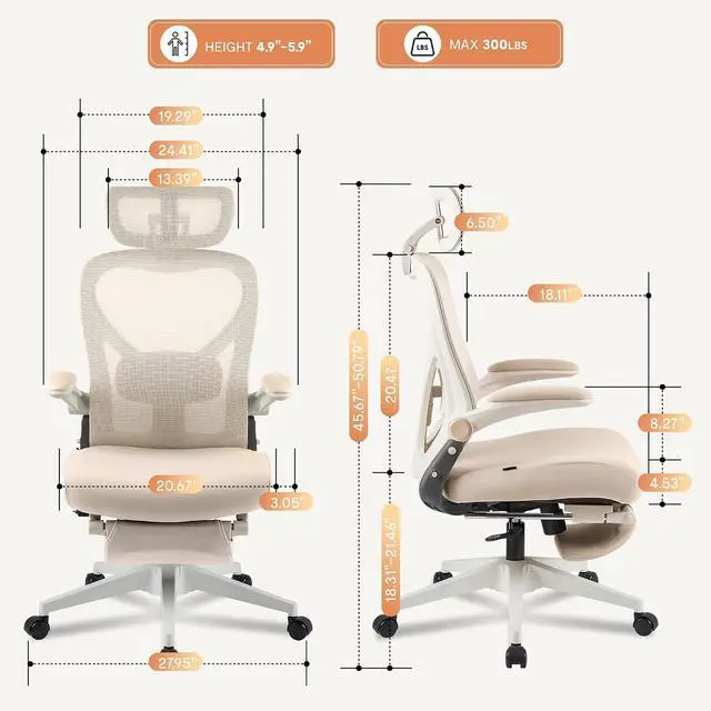 Alt view image 3 of 7 - Foldex Ergonomic Office Chair, Folding Chair for Small Spaces with Lumbar Support, Flip-up Armrests, 3D Headrest, Desk Chairs with Footrest for Work,Video Game (Foam Seat, Cream)