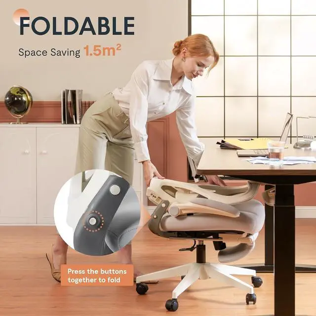 Alt view image 6 of 7 - Foldex Ergonomic Office Chair, Folding Chair for Small Spaces with Lumbar Support, Flip-up Armrests, 3D Headrest, Desk Chairs with Footrest for Work,Video Game (Foam Seat, Cream)