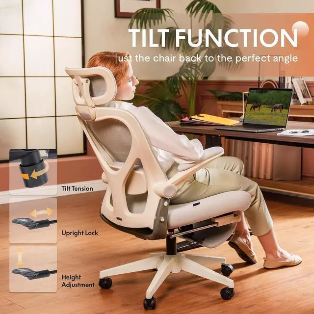 Alt view image 7 of 7 - Foldex Ergonomic Office Chair, Folding Chair for Small Spaces with Lumbar Support, Flip-up Armrests, 3D Headrest, Desk Chairs with Footrest for Work,Video Game (Foam Seat, Cream)