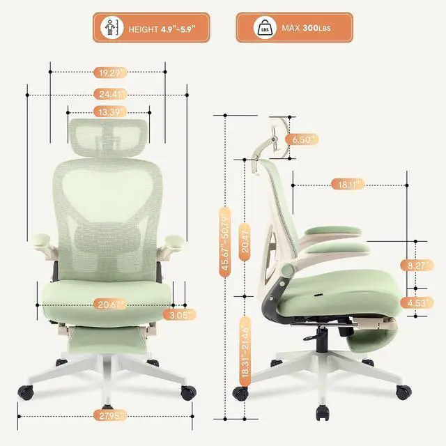 Alt view image 3 of 7 - Foldex Ergonomic Office Chair, Folding Chair for Small Spaces with Lumbar Support, Flip-up Armrests, 3D Headrest, Desk Chairs with Footrest for Work,Video Game Foam Seat, Green