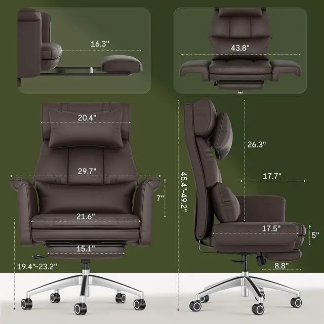 Alt view image 2 of 7 - Oversized Big and Tall Office Chair, 180° Flip Armrests for Pets&Cross Legged, Computer Desk Chair with Footrest, Lounge Chairs for Home Office Gaming Working, ScratchSafe Air Leather, Brown