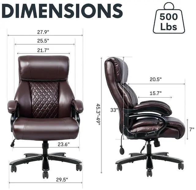 Alt view image 2 of 7 - 500lbs Big and Tall Office Chair for Heavy People, High Back Heavy Duty Computer Chair with Stable Armrest 1D Lumbar Support, Desk Chairs for Working Gaming Relaxing, PU Leather, Brown