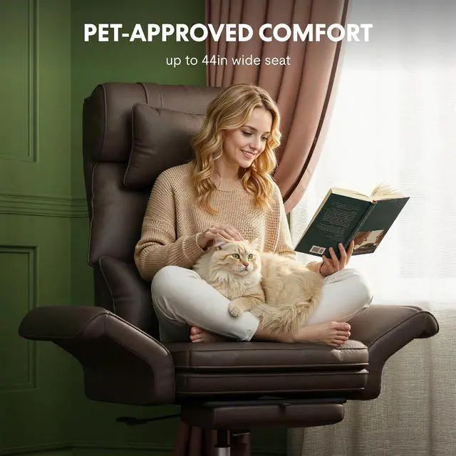 Alt view image 7 of 7 - Oversized Big and Tall Office Chair, 180° Flip Armrests for Pets&Cross Legged, Computer Desk Chair with Footrest, Lounge Chairs for Home Office Gaming Working, ScratchSafe Air Leather, Brown
