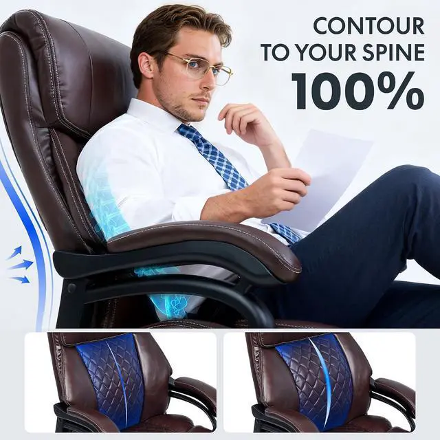 Alt view image 4 of 7 - 500lbs Big and Tall Office Chair for Heavy People, High Back Heavy Duty Computer Chair with Stable Armrest 1D Lumbar Support, Desk Chairs for Working Gaming Relaxing, PU Leather, Brown
