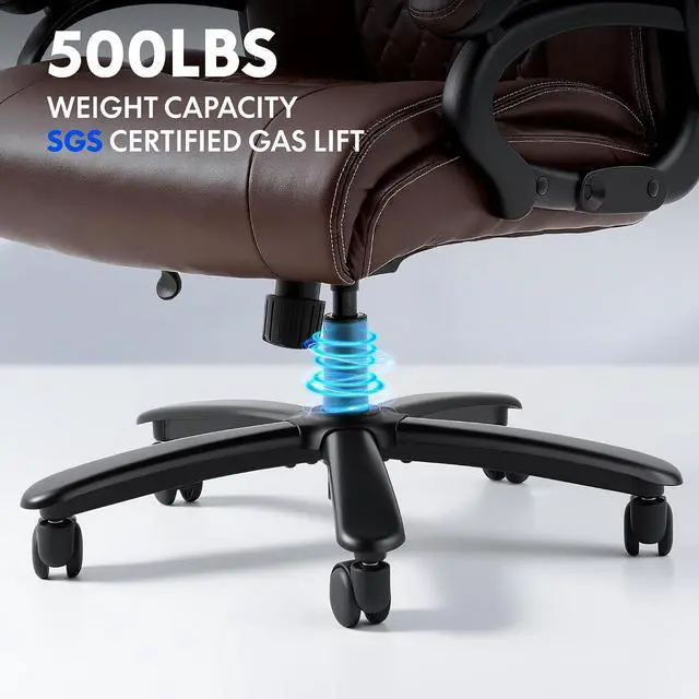Alt view image 6 of 7 - 500lbs Big and Tall Office Chair for Heavy People, High Back Heavy Duty Computer Chair with Stable Armrest 1D Lumbar Support, Desk Chairs for Working Gaming Relaxing, PU Leather, Brown
