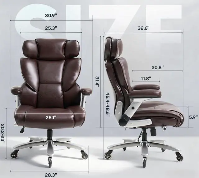Alt view image 2 of 7 - 600lbs Big and Tall Office Chair for Heavy People, High Back Heavy Duty Computer Chair with Lumbar Support 2D Armrest, Desk Chairs for Working Gaming Relaxing Cross Legged, PU Leather, Brown