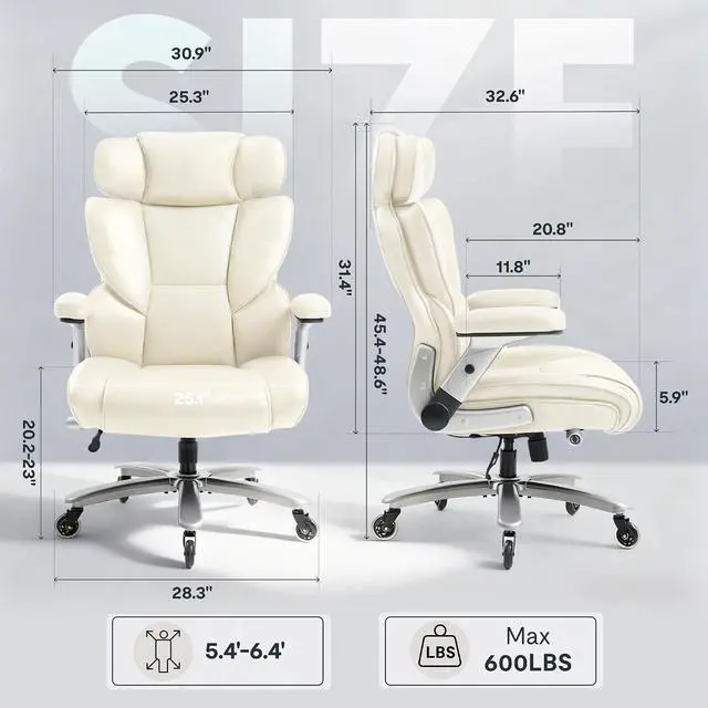 Alt view image 2 of 7 - 600lbs Big and Tall Office Chair for Heavy People, Heavy Duty Computer Desk Chair with Dynamic Lumbar Support 2D Armrest Blade Wheels, Chairs for Home Office Gaming Working, Leather, Beige