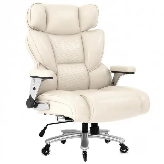 Alt view image 4 of 7 - 600lbs Big and Tall Office Chair for Heavy People, Heavy Duty Computer Desk Chair with Dynamic Lumbar Support 2D Armrest Blade Wheels, Chairs for Home Office Gaming Working, Leather, Beige