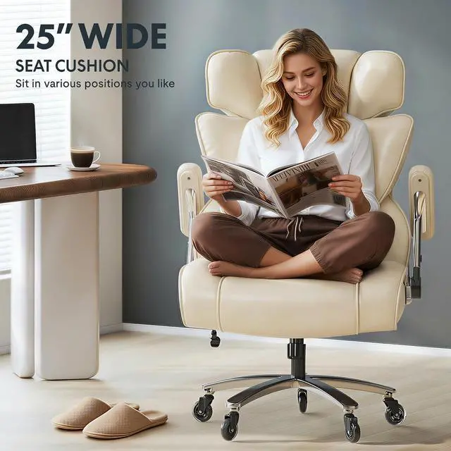 Alt view image 5 of 7 - 600lbs Big and Tall Office Chair for Heavy People, Heavy Duty Computer Desk Chair with Dynamic Lumbar Support 2D Armrest Blade Wheels, Chairs for Home Office Gaming Working, Leather, Beige