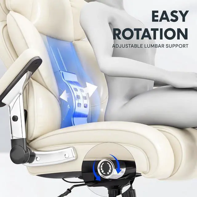 Alt view image 6 of 7 - 600lbs Big and Tall Office Chair for Heavy People, Heavy Duty Computer Desk Chair with Dynamic Lumbar Support 2D Armrest Blade Wheels, Chairs for Home Office Gaming Working, Leather, Beige