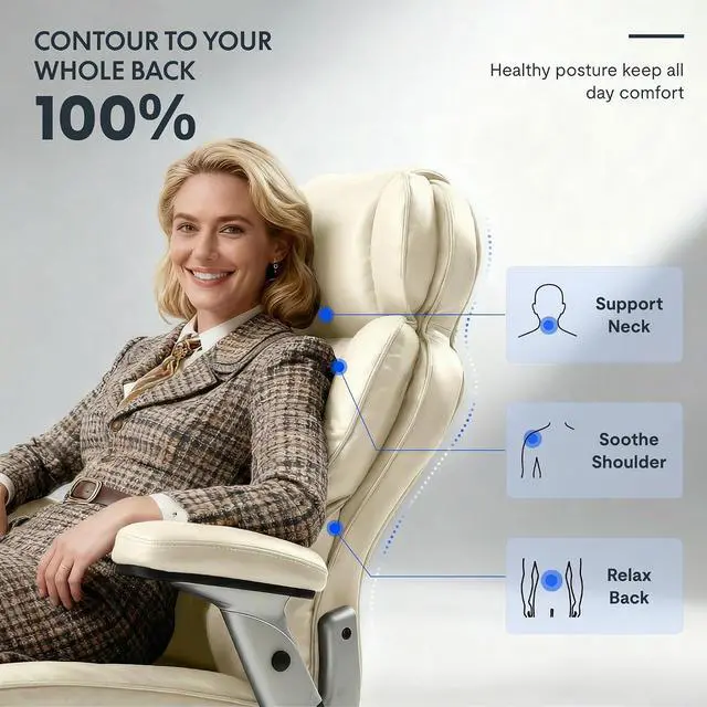 Alt view image 7 of 7 - 600lbs Big and Tall Office Chair for Heavy People, Heavy Duty Computer Desk Chair with Dynamic Lumbar Support 2D Armrest Blade Wheels, Chairs for Home Office Gaming Working, Leather, Beige