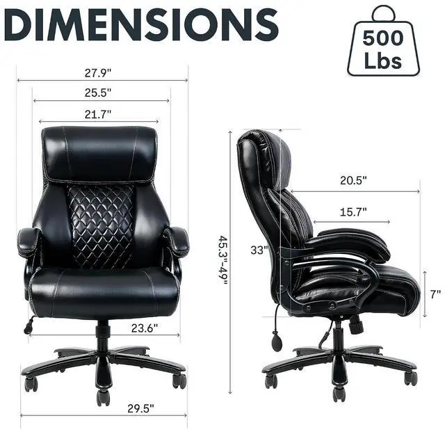 Alt view image 2 of 7 - 500lbs Big and Tall Office Chair for Heavy People, High Back Heavy Duty Computer Chair with Stable Armrest 1D Lumbar Support, Desk Chairs for Working Gaming Relaxing, PU Leather, Black