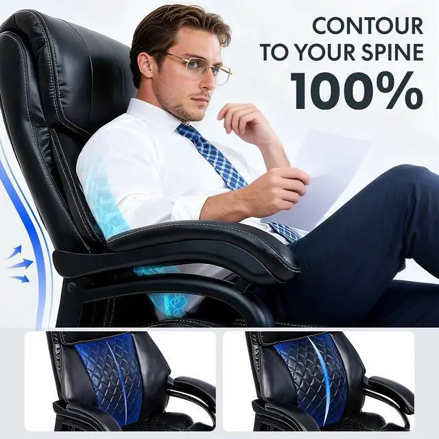 Alt view image 4 of 7 - 500lbs Big and Tall Office Chair for Heavy People, High Back Heavy Duty Computer Chair with Stable Armrest 1D Lumbar Support, Desk Chairs for Working Gaming Relaxing, PU Leather, Black