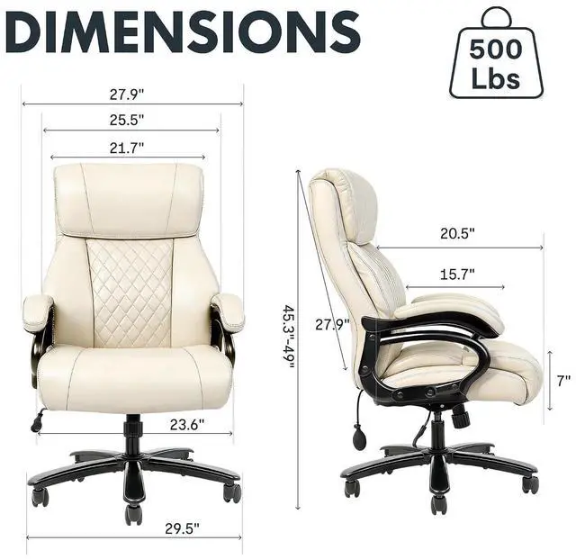 Alt view image 2 of 7 - 500lbs Big and Tall Office Chair for Heavy People, High Back Heavy Duty Computer Chair with Stable Armrest 1D Lumbar Support, Desk Chairs for Working Gaming Relaxing, PU Leather, Beige
