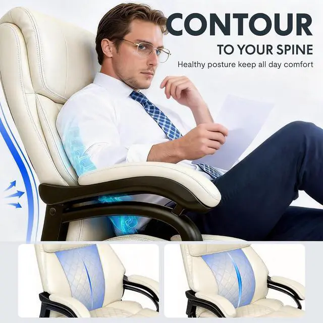 Alt view image 3 of 7 - 500lbs Big and Tall Office Chair for Heavy People, High Back Heavy Duty Computer Chair with Stable Armrest 1D Lumbar Support, Desk Chairs for Working Gaming Relaxing, PU Leather, Beige