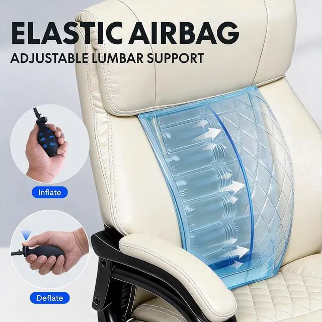 Alt view image 4 of 7 - 500lbs Big and Tall Office Chair for Heavy People, High Back Heavy Duty Computer Chair with Stable Armrest 1D Lumbar Support, Desk Chairs for Working Gaming Relaxing, PU Leather, Beige