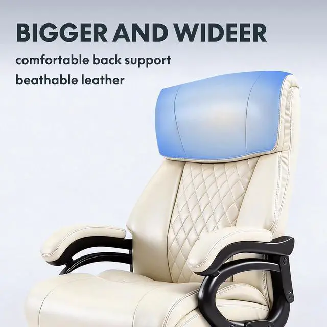 Alt view image 6 of 7 - 500lbs Big and Tall Office Chair for Heavy People, High Back Heavy Duty Computer Chair with Stable Armrest 1D Lumbar Support, Desk Chairs for Working Gaming Relaxing, PU Leather, Beige