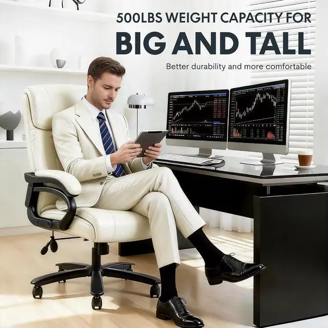 Alt view image 5 of 7 - 500lbs Big and Tall Office Chair for Heavy People, High Back Heavy Duty Computer Chair with Stable Armrest 1D Lumbar Support, Desk Chairs for Working Gaming Relaxing, PU Leather, Beige