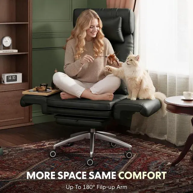 Alt view image 7 of 7 - Oversized Big and Tall Office Chair, 180° Flip Armrests for Pets&Cross Legged, Computer Desk Chair with Footrest, Lounge Chairs for Home Office Gaming Working, ScratchSafe Air Leather, Black