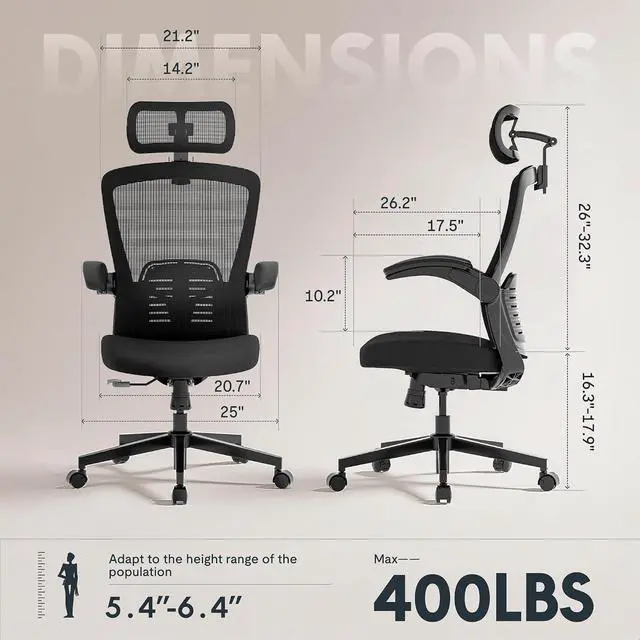 Alt view image 2 of 7 - OC3-Pro Cloud Ergonomic Office Chair for Big and Tall Black, High Back Office Chair with Flip-up Arm/8-Level Lumbar Support, Foam Seat Cushion, Chairs for Home Office Working Studying Gaming