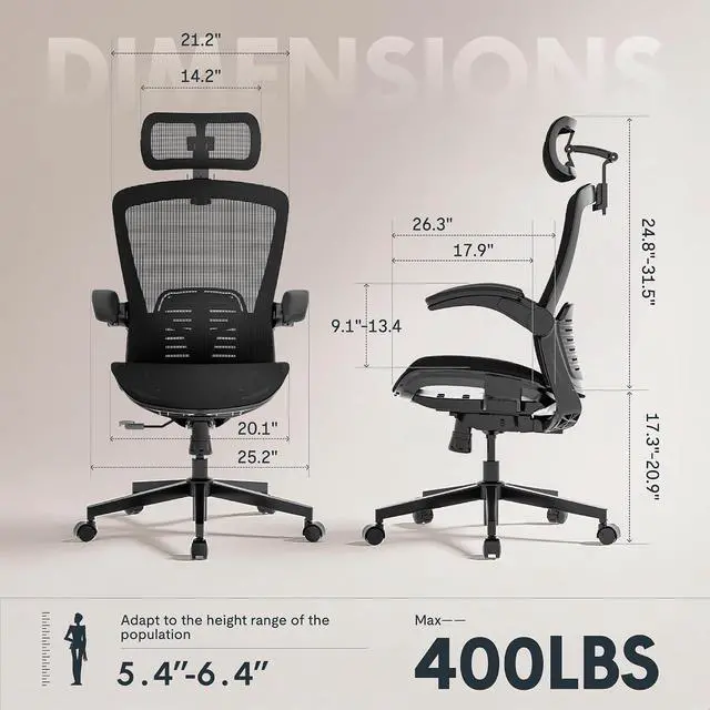 Alt view image 2 of 7 - OC3-Pro Air Ergonomic Office Chair for Big and Tall Black, High Back Office Chair with Flip-up Arm/8-Level Lumbar Support, Mesh Seat Cushion, Chairs for Home Office Working Studying Gaming