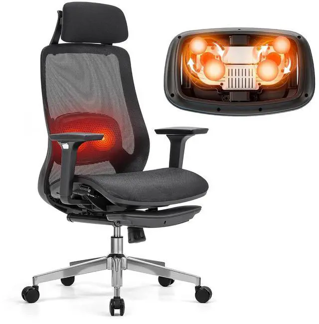 Main image of Massage Office Chair with Footrest, High Back Ergonomic Desk Chair with Adjustable Headrest, 3D Armrests, 2D Lumbar Heated Shiatsu Massage, 4-Position Recline, Mesh Seat, Black