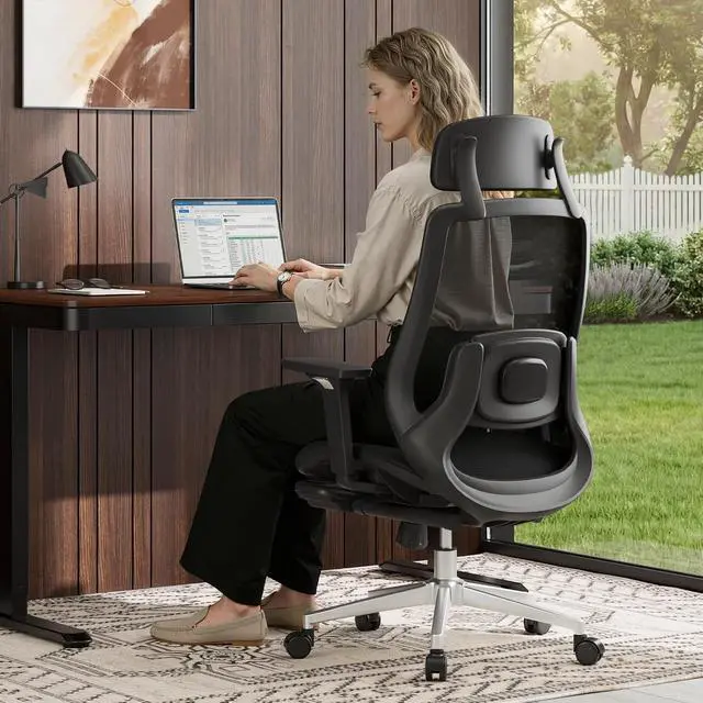 Alt view image 2 of 7 - Massage Office Chair with Footrest, High Back Ergonomic Desk Chair with Adjustable Headrest, 3D Armrests, 2D Lumbar Heated Shiatsu Massage, 4-Position Recline, Mesh Seat, Black