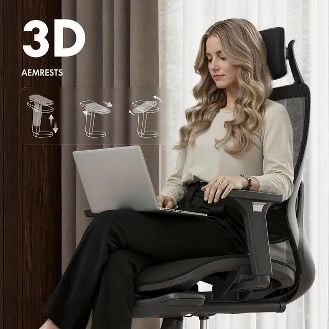 Alt view image 5 of 7 - Massage Office Chair with Footrest, High Back Ergonomic Desk Chair with Adjustable Headrest, 3D Armrests, 2D Lumbar Heated Shiatsu Massage, 4-Position Recline, Mesh Seat, Black