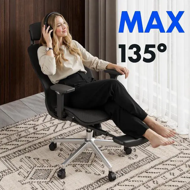 Alt view image 6 of 7 - Massage Office Chair with Footrest, High Back Ergonomic Desk Chair with Adjustable Headrest, 3D Armrests, 2D Lumbar Heated Shiatsu Massage, 4-Position Recline, Mesh Seat, Black