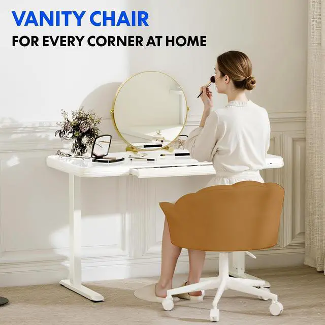 Alt view image 3 of 6 - Makeup Vanity Chair with Back Velvet Armless Home Office Desk Chairs with Wheels, Cute Flower Modern Accent Chair for Girls Women Living Room Bedroom Vanity Study Small Space, Brwon