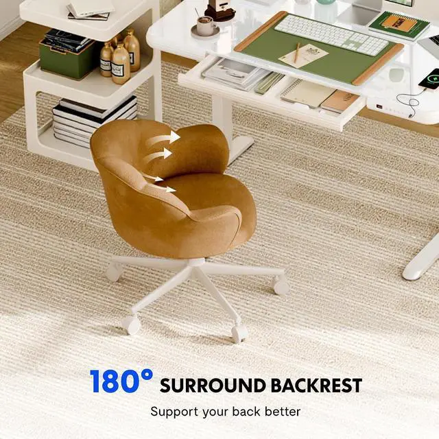 Alt view image 5 of 6 - Makeup Vanity Chair with Back Velvet Armless Home Office Desk Chairs with Wheels, Cute Flower Modern Accent Chair for Girls Women Living Room Bedroom Vanity Study Small Space, Brwon
