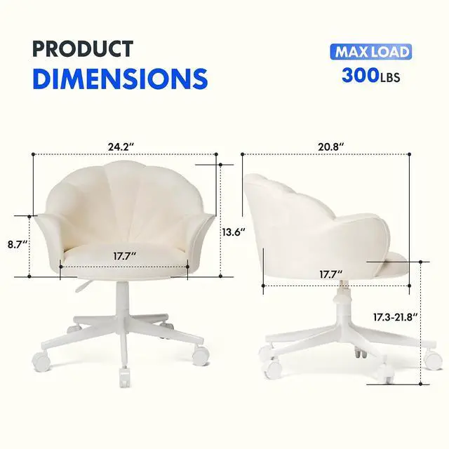 Alt view image 2 of 6 - Makeup Vanity Chair with Back Velvet Armless Home Office Desk Chairs with Wheels, Cute Flower Modern Accent Chair for Girls Women Living Room Bedroom Vanity Study Small Space, White