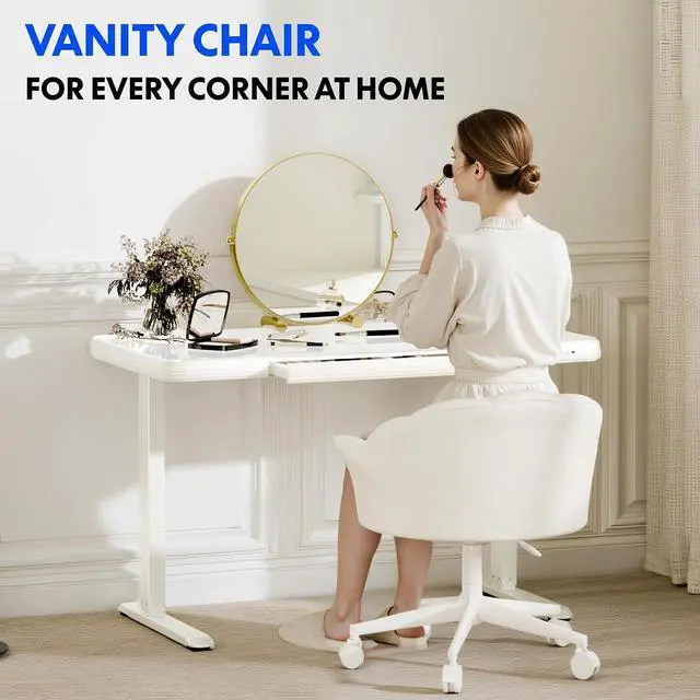 Alt view image 3 of 6 - Makeup Vanity Chair with Back Velvet Armless Home Office Desk Chairs with Wheels, Cute Flower Modern Accent Chair for Girls Women Living Room Bedroom Vanity Study Small Space, White