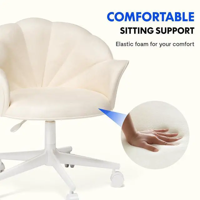 Alt view image 6 of 6 - Makeup Vanity Chair with Back Velvet Armless Home Office Desk Chairs with Wheels, Cute Flower Modern Accent Chair for Girls Women Living Room Bedroom Vanity Study Small Space, White