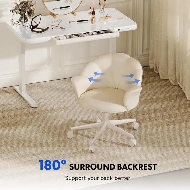 Alt view image 5 of 6 - Makeup Vanity Chair with Back Velvet Armless Home Office Desk Chairs with Wheels, Cute Flower Modern Accent Chair for Girls Women Living Room Bedroom Vanity Study Small Space, White