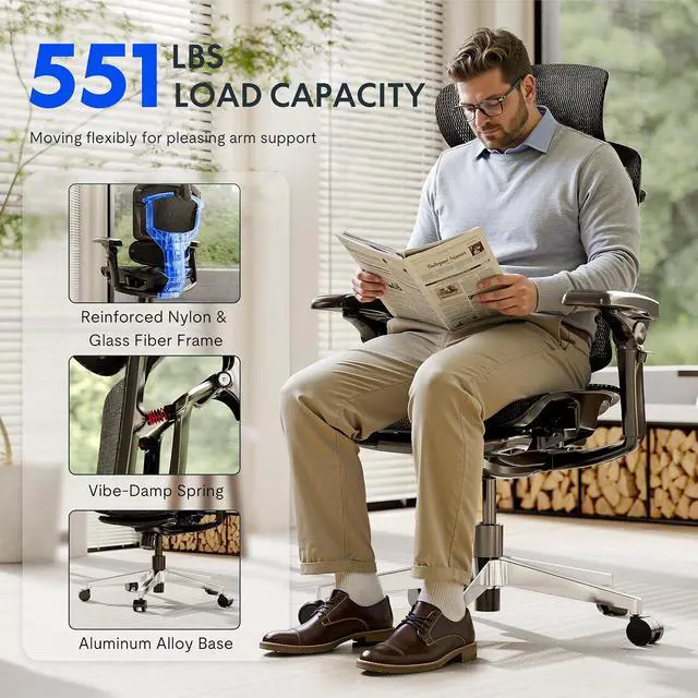 Alt view image 7 of 7 - ErgoX-PRO Ergonomic Office Chair with Footrest Black AeroWeave 5.0 Mesh Seat, 5D Lumbar, 7D Armrests, 4D Headrest, 551LBS Capacity Office, Gaming, Home