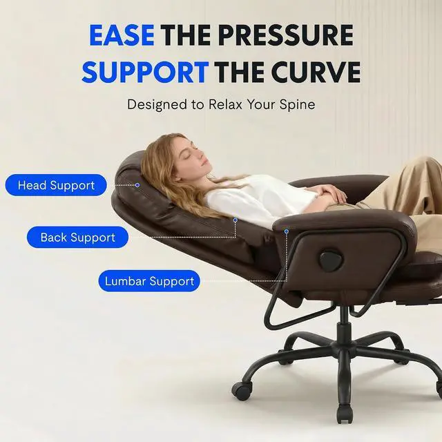 Alt view image 4 of 7 - Multi-Task Chaise Lounge Chair Indoor with Footrest 90-165° 4-Level Reclining Lumbar Support, Sofa Chairs for Living Room Study Working Relaxing Sleeping, PU Leather+Iron Base, Brown, HC4