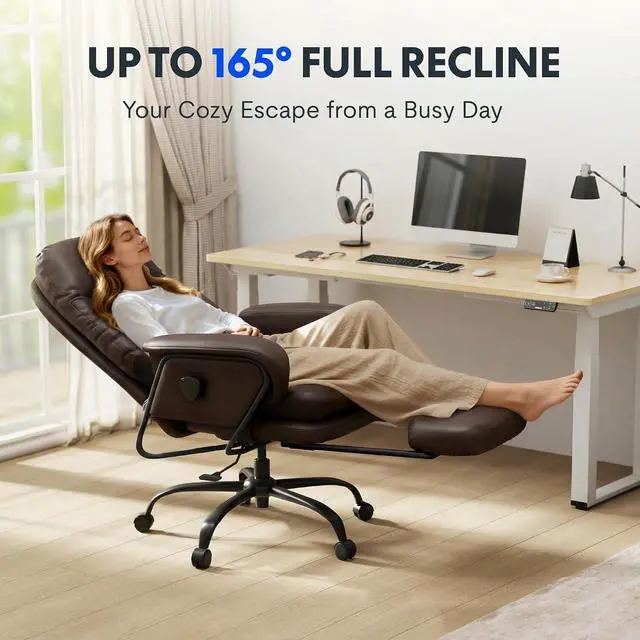 Alt view image 5 of 7 - Multi-Task Chaise Lounge Chair Indoor with Footrest 90-165° 4-Level Reclining Lumbar Support, Sofa Chairs for Living Room Study Working Relaxing Sleeping, PU Leather+Iron Base, Brown, HC4