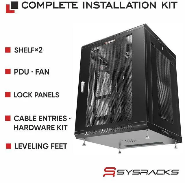 Alt view image 4 of 7 - 15U Wall Mount Server Rack Cabinet 24 Deep, 19 Network Enclosure for Home Lab with Fan, PDU, 2 Shelves, Locking Mesh Door