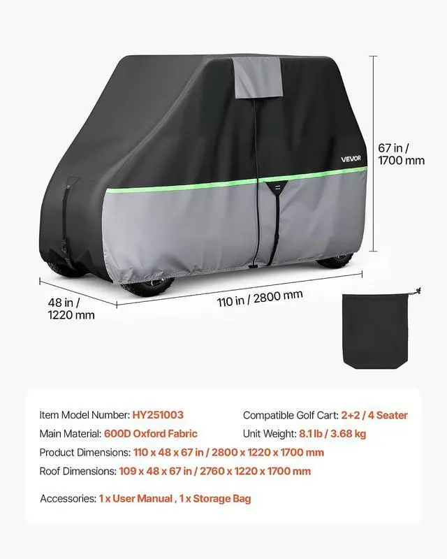 Alt view image 7 of 7 - Golf Cart Cover, Full Coverage 2+2/4 Passenger Golf Cart, 600D Waterproof Oxford Fabric Club Car Cover Fits Most Carts Club Car, Yamaha, EZGO, Honda, PU Coating & Three Zipper Doors