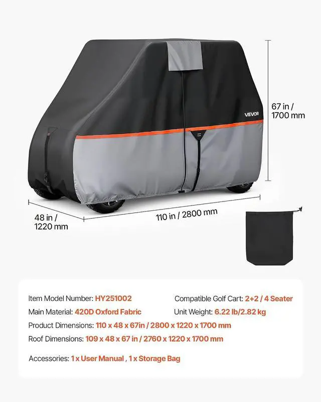 Alt view image 7 of 7 - Golf Cart Cover, Full Coverage 2+2/4 Passenger Golf Cart, 420D Waterproof Oxford Fabric Club Car Cover Fits Most Carts Club Car, Yamaha, EZGO, Honda, Silver-Coated Layer & Three Zipper Doors
