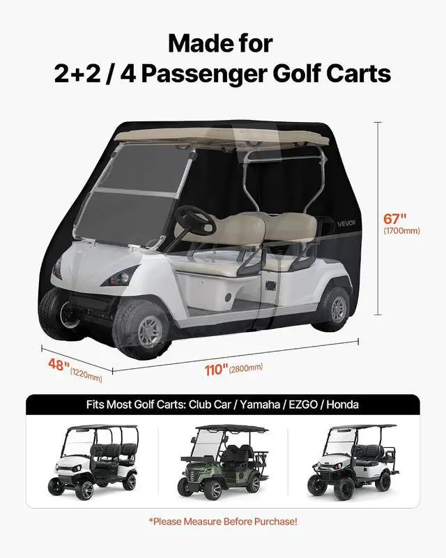 Alt view image 2 of 7 - Golf Cart Cover, Full Coverage 2+2/4 Passenger Golf Cart, 420D Waterproof Oxford Fabric Club Car Cover Fits Most Carts Club Car, Yamaha, EZGO, Honda, Silver-Coated Layer & Three Zipper Doors
