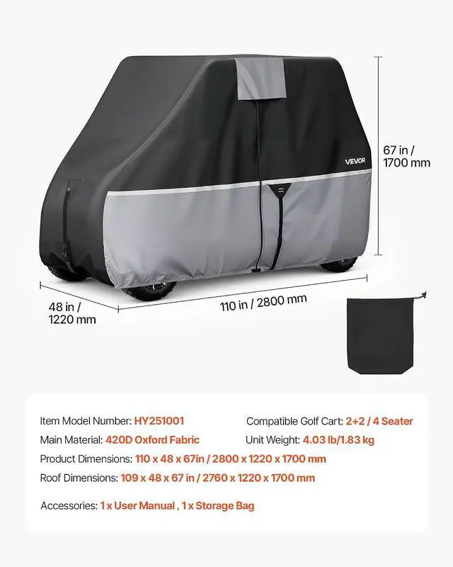 Alt view image 7 of 7 - Golf Cart Cover, Full Coverage 2+2/4 Passenger Golf Cart, 420D Waterproof Oxford Fabric Club Car Cover Fits Most Carts Club Car, Yamaha, EZGO, Honda, Silver-Coated Layer & Three Zipper Doors