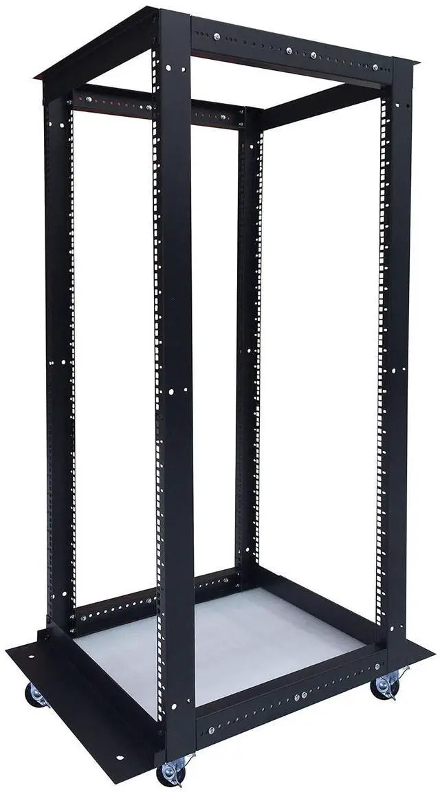 Main image of 42U Open Frame Rack, Adjustable 24-37", 19-Inch EIA-310 | 4-post steel frame, square mounting holes, casters, cage nuts and screws