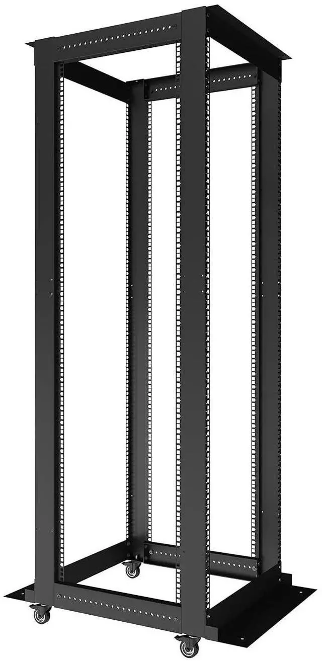 Main image of 42U Open Frame Rack, Adjustable 24-37", 19-Inch EIA-310 | 4-post steel frame, square mounting holes, casters, cage nuts and screws